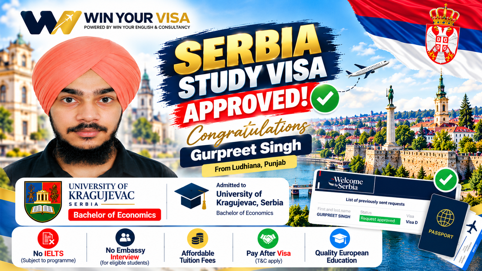 Study in Serbia from Ludhiana: Serbia Study Visa Approved for Gurpreet Singh, University of Kragujevac